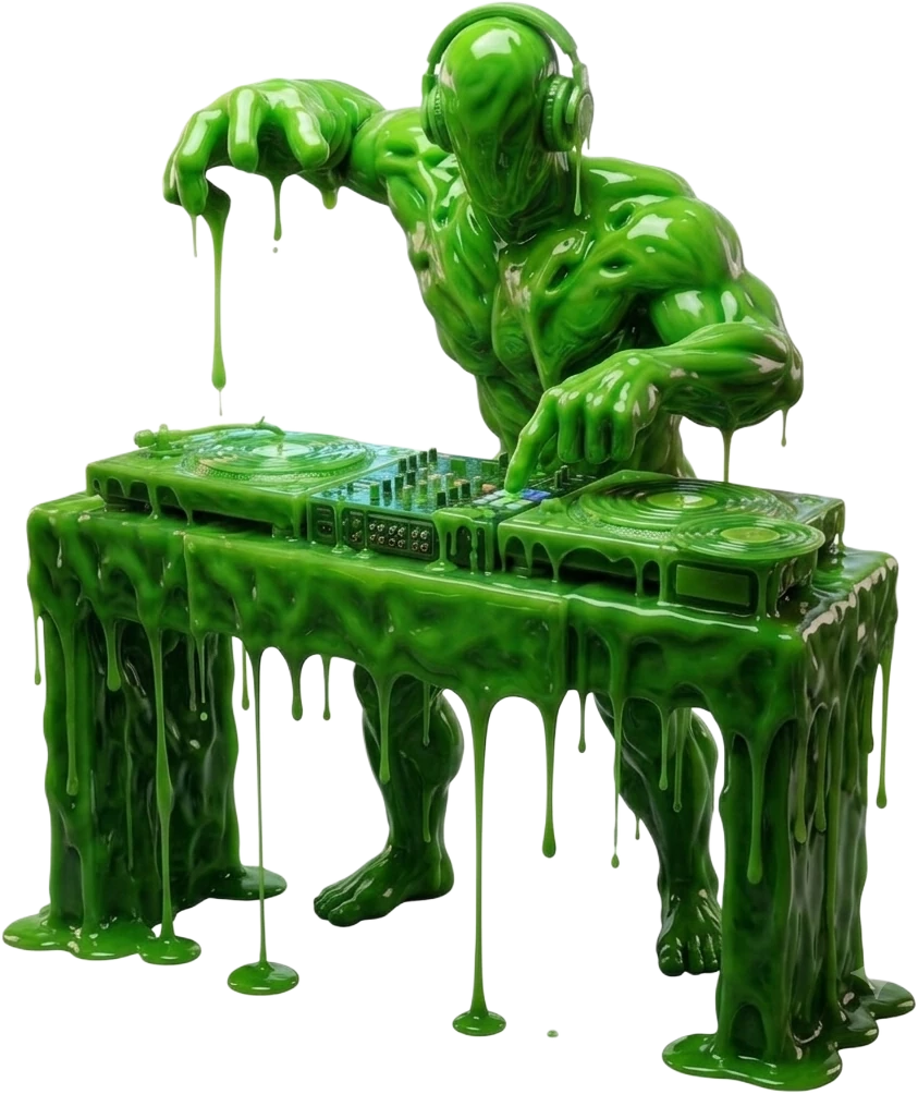Glossy green slime DJ figure, the Beat Quantizer mascot
